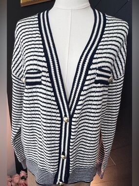 NWT Tahari Cardigan Sweater Navy & White Striped Button Up Women’s Large